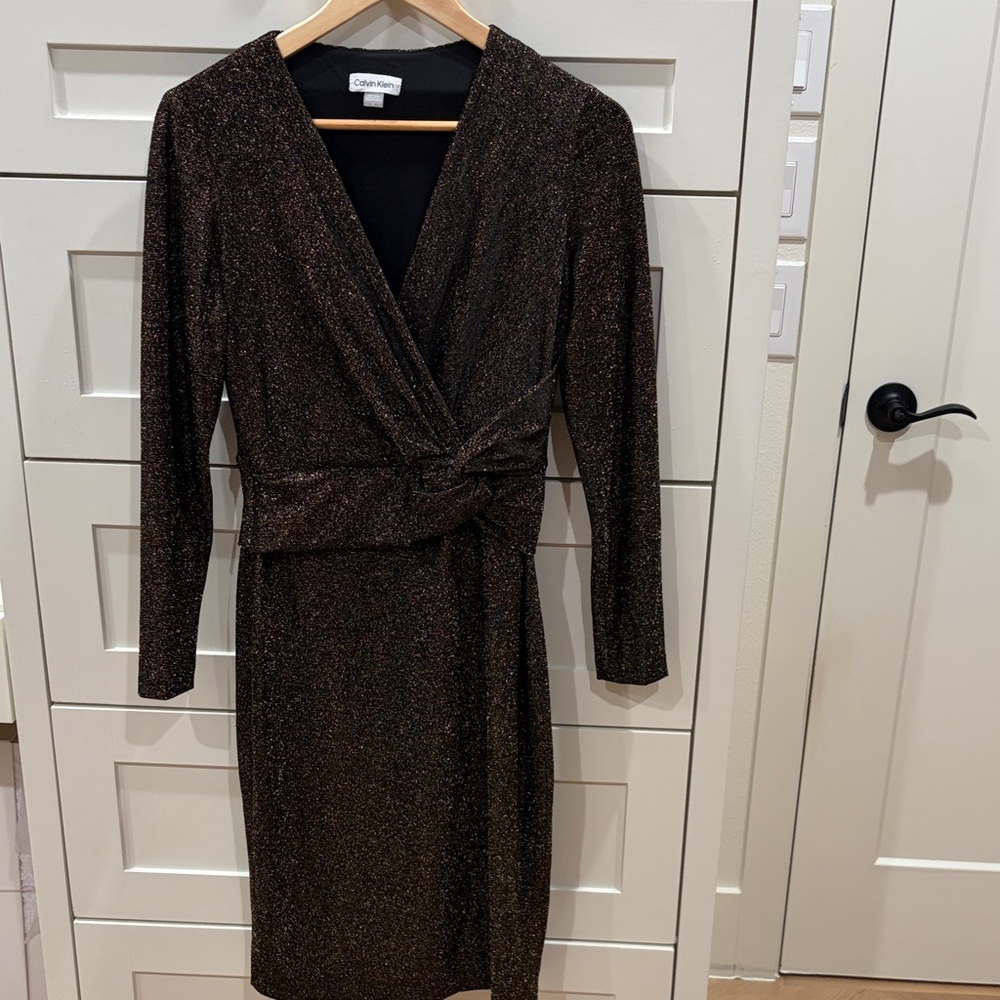 Calvin Klein Black Metallic Wrap Long Sleeve Dress